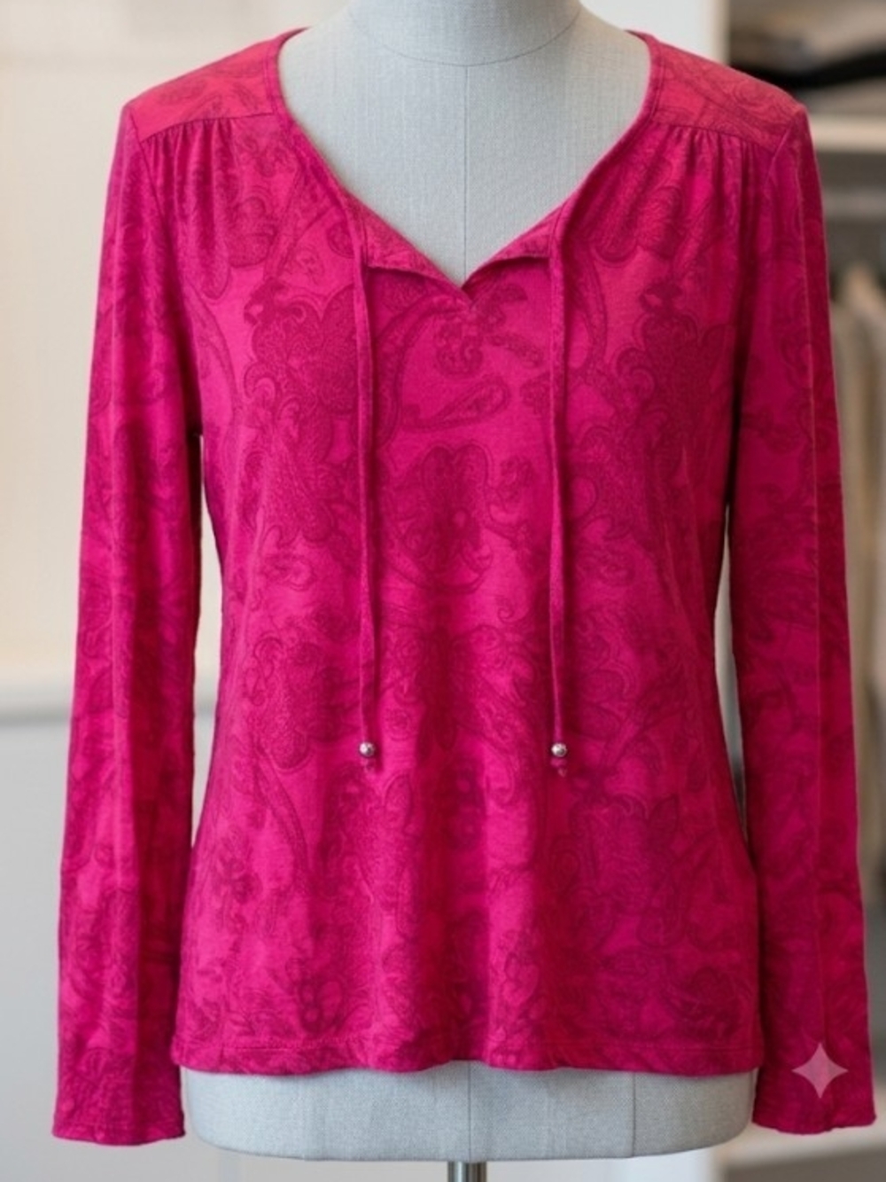 Espirit Y2K Fuchsia Paisley Long Sleeve Tie-Neck Top (Sz M) Boho